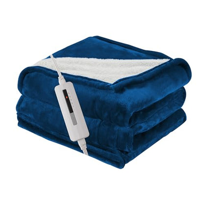 Electric Heated Blanket 62"x84" Twin Size, Dark Blue&White | Safe All Night, Dual-Sided Microplush Sherpa for Bedroom Use, 4 Heat Settings & 10 Hours Auto Off, Machine Washable - color: 09-darkbule, size: Twin(62"x84")