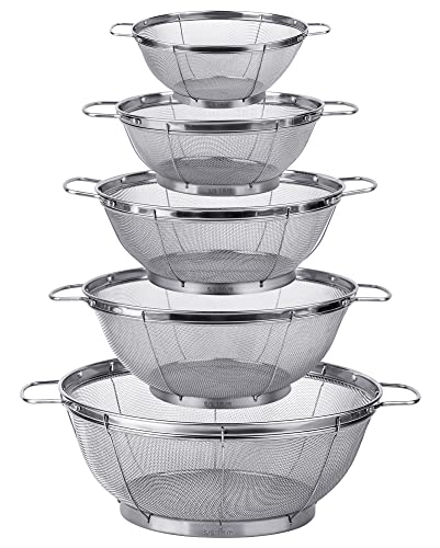 5 Pack 18/8 Stainless Steel Colander Sieves, Multi Size Mesh Strainer Net Baskets with Handles & Resting Base for Strain, Drain, Rinse or Steam