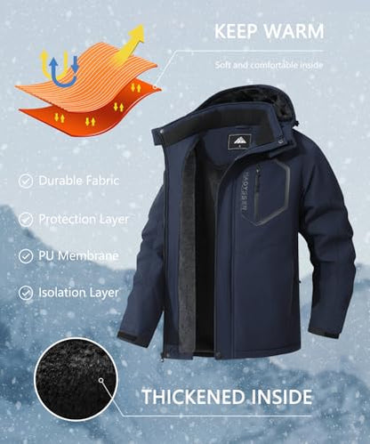 Men's Mountain Ski Jacket Winter Snow Coats Waterproof Warm Fleece Lining Jacket Parka with Hooded - color: Dark Blue, size: Medium