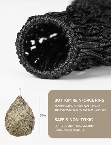 Tackmore 2pcs 36’’ Length Slow Feed Hay Nets for Horses & Livestock Easy to Hang Hay Bags for Horses with Drawstring Closure-Black 4" (Fast Feed) - size: 4.0"