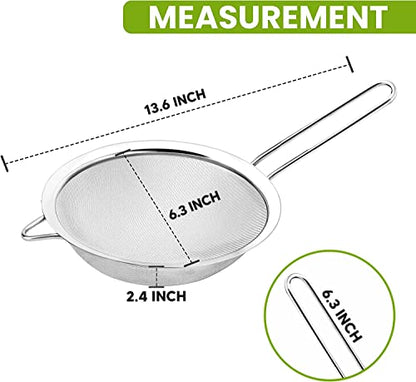 6.3" Fine Mesh Strainer with Stainless steel handle - Sieve Fine Mesh Stainless Steel - Ideal to Sift Flour, Icing Sugar, Fruits and Vegetables. - size: 6.3 Inches - SS