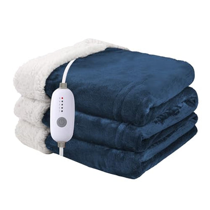 Heated Blanket Electric Throw Size 50''x60'' with 5 Heating Levels, 3 Hour Auto Shut Off, Machine Washable, Flannel & Sherpa Double-Sided Soft Warming Blanket for Couch, Bed, Office - Navy Blue - color: 05-navy Blue, size: 50''x60''(Throw)