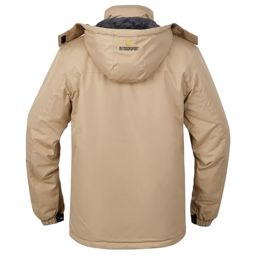 Men's Winter Ski Jacket Warm Fleece Waterproof Outdoor Mountain Hiking Windbreaker Hooded Snow Rain Coat - color: Khaki, size: Large