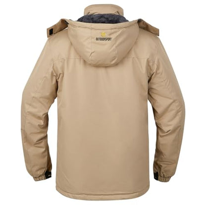 Men's Winter Ski Jacket Warm Fleece Waterproof Outdoor Mountain Hiking Windbreaker Hooded Snow Rain Coat - color: Khaki, size: Large