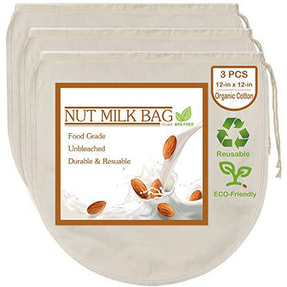 3 PCS 12"x12" Nut Milk Bags - 100% Unbleached Cotton Cheesecloth, Reusable Food Strainer Colander For Straining Almond/Oat Milk, Celery Juice, Cold Brew Coffee, Yogurt and Cheese Making - color: 3 pack