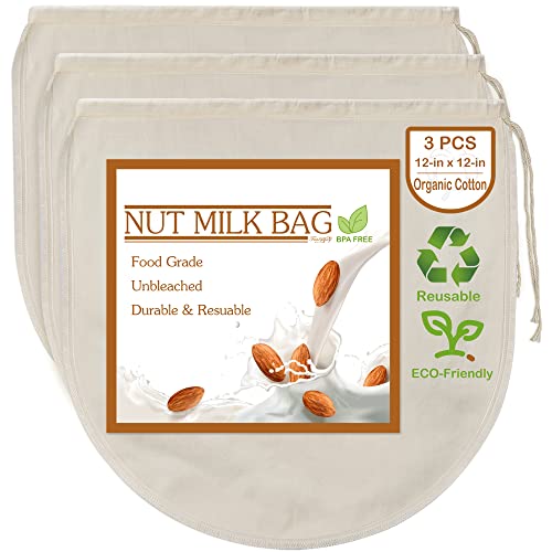 3 PCS 12"x12" Nut Milk Bags - 100% Unbleached Cotton Cheesecloth, Reusable Food Strainer Colander For Straining Almond/Oat Milk, Celery Juice, Cold Brew Coffee, Yogurt and Cheese Making - color: 3 pack