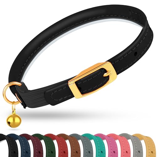 OOPSDOGGY Rolled Leather Cat Collar with Bell - Reflective Kitten Collar with Safety Elastic Strap - Adjustable Small Pet Collars for Boy Girl Cats (Black) - color: Black