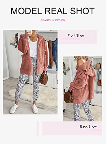Dokotoo Womens 2025 Winter Long Sleeve Solid Fuzzy Fleece Open Front Hooded Cardigans Jacket Coats Outerwear with Pocket - color: A Pink, size: Medium