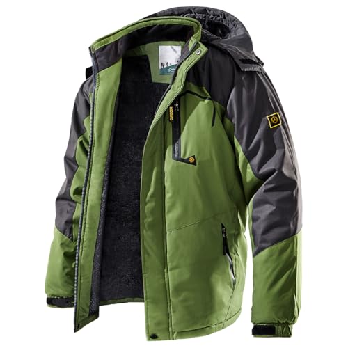 Men's Winter Ski Jacket Warm Fleece Waterproof Outdoor Mountain Hiking Windbreaker Hooded Snow Rain Coat - color: Green, size: Small