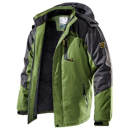 Men's Winter Ski Jacket Warm Fleece Waterproof Outdoor Mountain Hiking Windbreaker Hooded Snow Rain Coat - color: Green, size: Medium