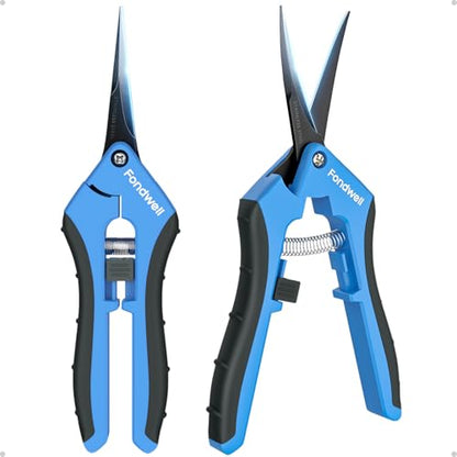 Fondwell 2-Pack 6.5" Precision Trimming Scissors Pruning Shears Garden Snip | Small Plant Scissors, Ultra-Sharp Non-Stick Straight & Curved Blades, Fatigue-Free - for Flower, Bonsai, Detailed Gardening - color: Black (Straight & Curved Blades, 2-pack)