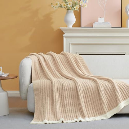 Snuggle Sac Fluffy Ribbed Beige Blanket Twin Size, Soft Luxurious Knit Fuzzy Plush Microfiber Blankets for Sofa, Bed, Beige, 60x80 inches - color: Beige, size: Twin(60"x 80")