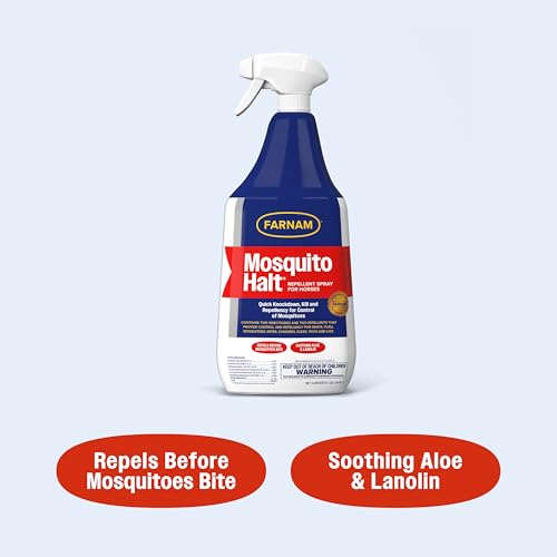 Farnam Mosquito Halt Repellent Spray for Horses, 32 oz | Bug repellent spray kills and repels; Also repels face flies, stable flies, house flies, gnats, mites, chiggers and lice - size: 32 Fl Oz (Pack of 1)
