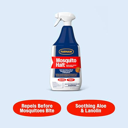 Farnam Mosquito Halt Repellent Spray for Horses, 32 oz | Bug repellent spray kills and repels; Also repels face flies, stable flies, house flies, gnats, mites, chiggers and lice - size: 32 Fl Oz (Pack of 1)