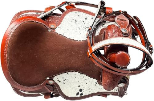 Western Barrel Saddle Set Brown Genuine Leather Hair On Cowhide Hand Tooled Horse Saddle with Headstall, Breast Collar & Reins for Trail Riding, Rodeo, Ranch & Pleasure, 8-17 Inch - size: 18 inch