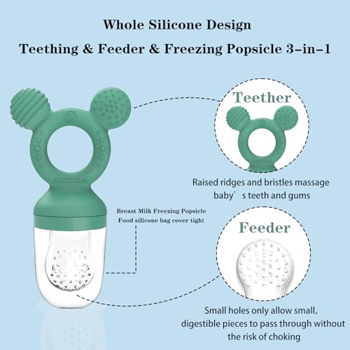 Baby Fruit Feeder, Frozen Teething Toys, Teether Pacifier with 3 Extra Teats, Infant Eating Essentials, BPA Free Baby Feeding Supplies (Grass Green) - color: Green