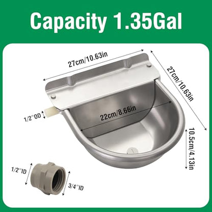 Automatic Horse Waterer Large Livestock Water Bowl 1.35Gal Stainless Steel Trough for Cattle Cow Pig Sheep Pet Dog