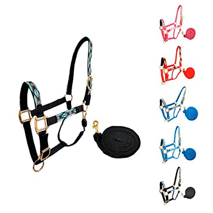 Tahoe Tack Patterned Nylon Adjustable Horse Halters with Padded Noseband and Matching 10’ Soft Grip Lead Rope