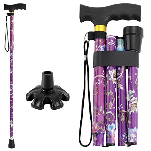 Walking Cane PANZHENG Cane for Man/Woman | Mobility & Daily Living Aids | 5-Level Height Adjustable Walking Stick | Comfortable Plastic T-Handle Portable Walking Stick Folding Cane - color: Cane-Purple print