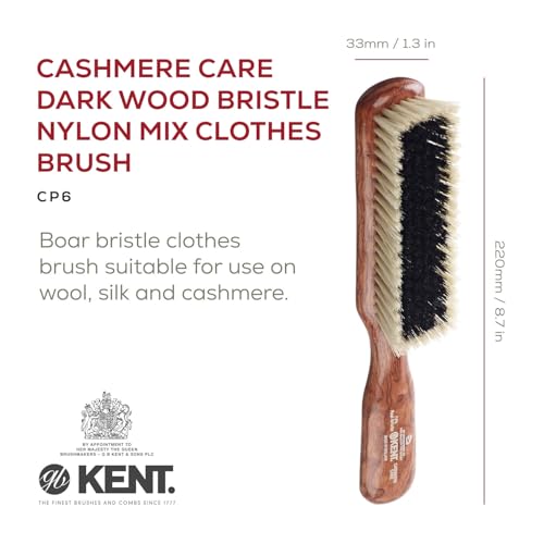Kent CP6 Clothes Brush. Cashmere Care Dark Wood with Black & White Boar Bristle, Lint Remover for Wool and Silk for Keeping Delicate Fabrics Free from Fibres, Fluff and Pet Hair. Made in England - style: CP6
