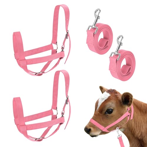 M METERXITY 2-Pack Adjustable Cattle Cow Calf Halter, 15.74"-19.68" Nylon Livestock Cow Halter with Leading Rope for Miniature Horse/Donkey/Goat/Cattle [Pink]