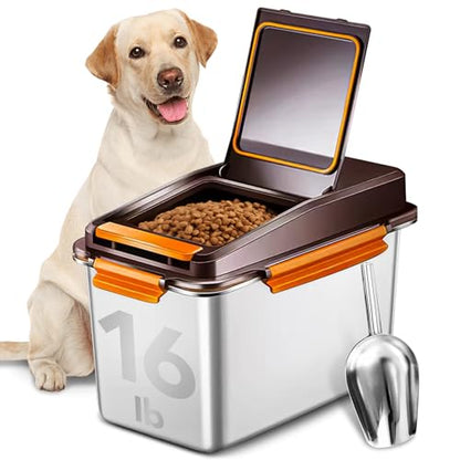 Newget 11 lb Stainless Steel Dog Food Storage Container with Scoop, Brown - color: A-Brown