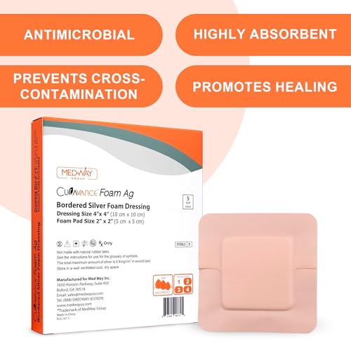 MedVance Silver Foam Sterile Highly Absorbent Dressing, 4"x4", Box of 5 | Sterile And Individually Wrapped - Absorbent Antibacterial Dressing - Prevents Infection Of Wounds - Promotes Healing - size: 4"x4" Silver