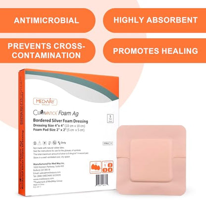 MedVance Silver Foam Sterile Highly Absorbent Dressing, 4"x4", Box of 5 | Sterile And Individually Wrapped - Absorbent Antibacterial Dressing - Prevents Infection Of Wounds - Promotes Healing - size: 4"x4" Silver