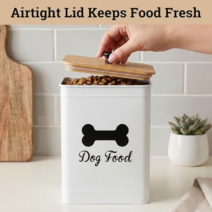 Metal Dog Food Container 5-7lb, 25 Cup w/ Airtight Bamboo Lid, Metal Handle - color: White: Bone