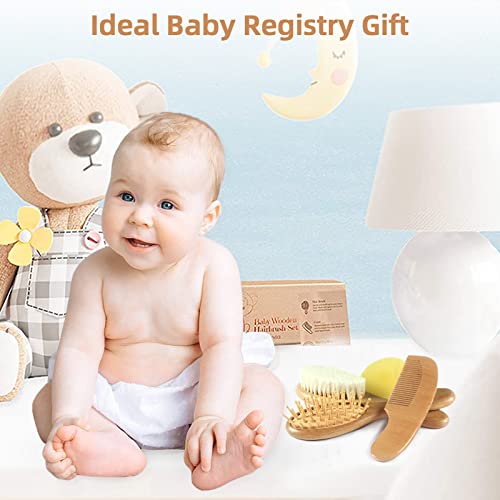 Elfzone Baby Hair Brush Comb Set 4PCS Wooden Bristle Cradle Cap Brush Gift | wooden brush set, soft goat bristle hair brush, silicone cradle cap brush, beech handle comb, ideal gift