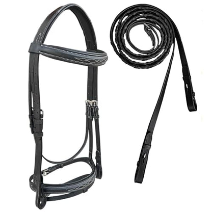 Majestic Ally Fancy Stitched Padded Bridle – Crown, Browband & Noseband – Removable Flash & Laced Reins Full - color: Black