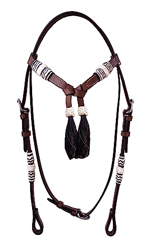 Western Horse Headstall Standard Size – Adjustable Hand Braided Genuine Leather Bridle with White Rawhide Futurity Knot Natural Hair Tassels Bridle, Western Riding Tack, Tan Color Leather (Full Size) - size: Full