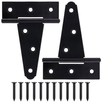 4 Inch T-Strap Gate Hinges, Shed Barn Door Hinges Heavy Duty, Black Tee Hinges for Wooden Fences, Yard Gate, Wrought Hardware Iron Rustproof (2 Pack/Set) - size: 4 Inch