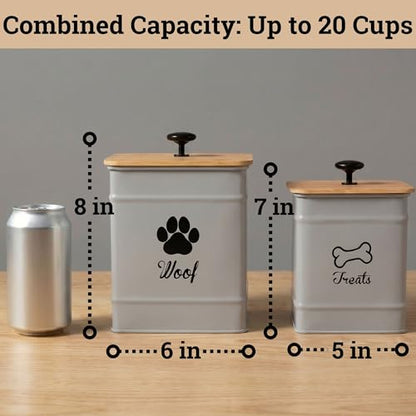 Dog Treat Container Set of 2 with Airtight Bamboo Lids - 8x6 & 7x5 inch | Fits All Popular Treats, Up to 20 Cups Combined Capacity, Airtight Bamboo Lid, Easy Open Lid, Dent-Resistant Durable Metal - color: Gray - Large