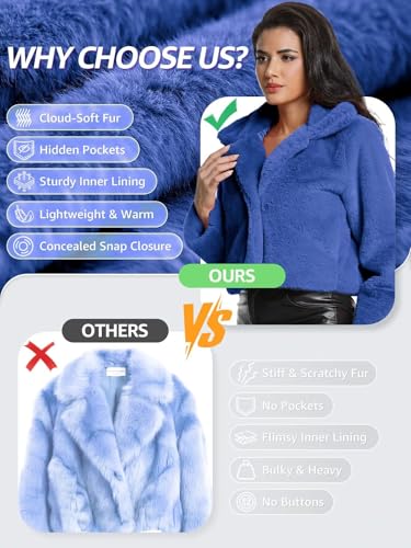 Women's Cropped Faux Fur Jacket with Hidden Pockets and Buttons Plush Shawl Collar Cardigan Sexy Coat - color: Blue, size: X-Large