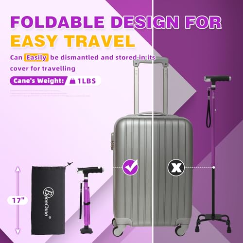 BeneCane Walking Cane for Women Folding Cane for Men with Two Led Lights Quad Cane with Stable Base Lightweight and Adjustable Walking Stick - color: Purple