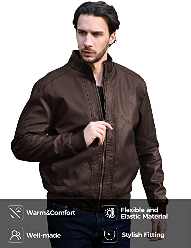WenVen Men's Stand Collar Fleece Lined Faux Leather Jacket Warm Winter Coat | Bomber Outerwear - color: Brown, size: Medium