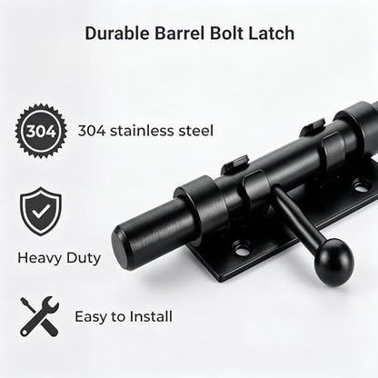 1-Pack 7.7" Barrel Bolt Latch Black,Stainless Steel Heavy Duty Gate Latches - color: Black-7.7inch