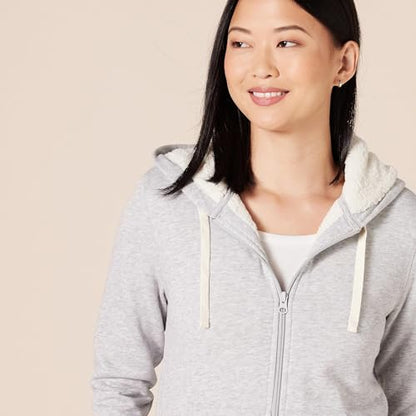 Amazon Essentials Women's Sherpa-Lined Fleece Full-Zip Hooded Jacket with Drawstring (Available in Plus Size) - color: Grey Heather, size: Large