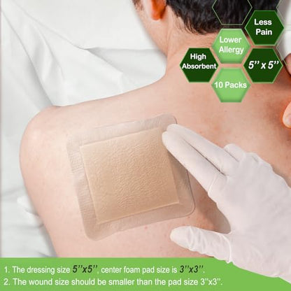 NeuHeils Silicone Foam Dressing with Border 5''x5'', 10 Pack for Bed Sores - size: 5''x5''(10 Pack)
