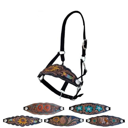Majestic Ally Equestrian Designer Bronc Halter for Horses, Hand-Tooled Leather Nose, Padded Nylon Crown and Noseband - style: Yellow Sunflower