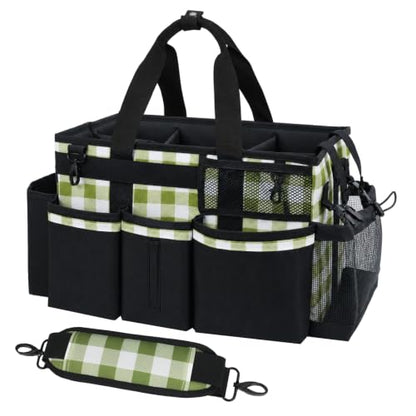 SCAVATA Wearable Cleaning Caddy, Cleaning Caddy Supplies Organizer with Handle & Shoulder Straps for Housekeepers, Under Sink & Car Cleaning Tool Organizers Bag with 4 Foldable Divider (GreenPlaid) - color: GreenPlaid