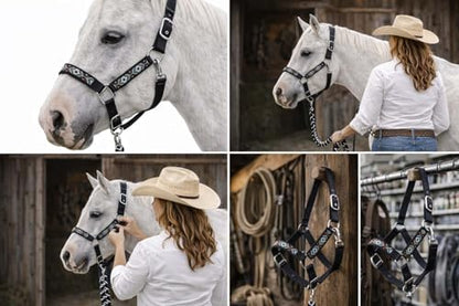 CHALLENGER Nylon Horse Beaded Halter Nickle Plated Hardware w/Lead Rope Tack Blue 606175 - color: Black, size: Cob Size