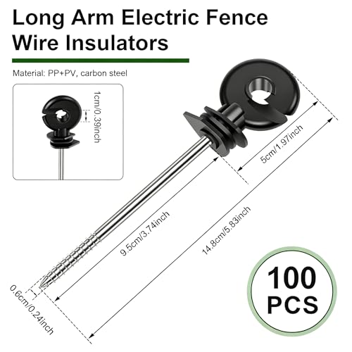 100 PCS 5.83 Inch Electric Fence Insulators, Screw in Ring Electric Wire Fence Post Insulator, Long Arm Wood Post Insulator for Tape Rope Electric Wire Animal Agricultural Garden Fence