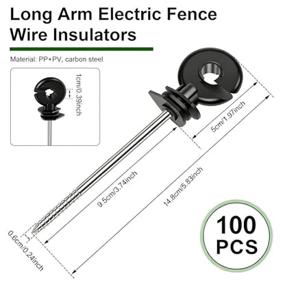 100 PCS 5.83 Inch Electric Fence Insulators, Screw in Ring Electric Wire Fence Post Insulator, Long Arm Wood Post Insulator for Tape Rope Electric Wire Animal Agricultural Garden Fence
