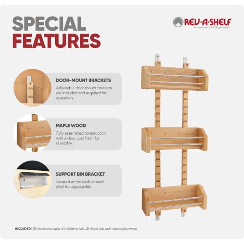 Rev-A-Shelf Pullout Wall Storage Organizer for Kitchen Cabinets, Sliding Door Mounted Spice Rack with 3 Adjustable Shelves, Maple Wood, 4ASR-15 - size: 10.13" W