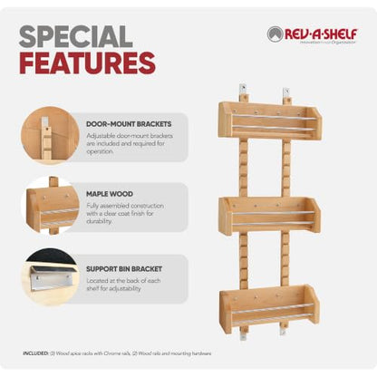 Rev-A-Shelf Pullout Wall Storage Organizer for Kitchen Cabinets, Sliding Door Mounted Spice Rack with 3 Adjustable Shelves, Maple Wood, 4ASR-15 - size: 10.13" W