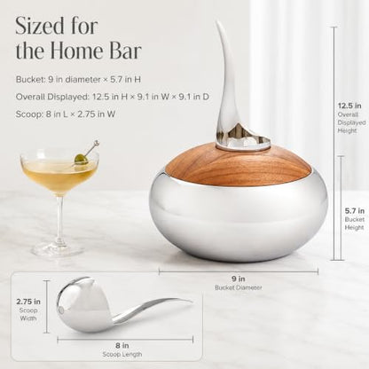nambe Scoop Ice Bucket | Insulated Ice Bucket with Lid and Ice Scoop | Stainless Steel Chiller for Cocktail Bar, Parties Barware and Serve ware | Home Bar & Bar Cart Accessory | Dishwasher Safe | Insulated, Stainless Steel and Acacia Wood, 9"D x 5.7"H