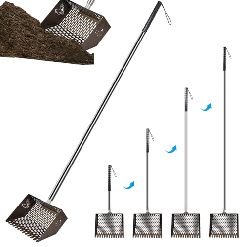 Kalekey Heavy Duty Chicken Coop Rake and Scoop, 15 Inch Extra Large Chicken Coop Rake with Adjustable Stainless Steel Handle (25 to 73 Inch)，Metal Multi-Use Cleaning Shovel for Coops, Beach（Brown）
