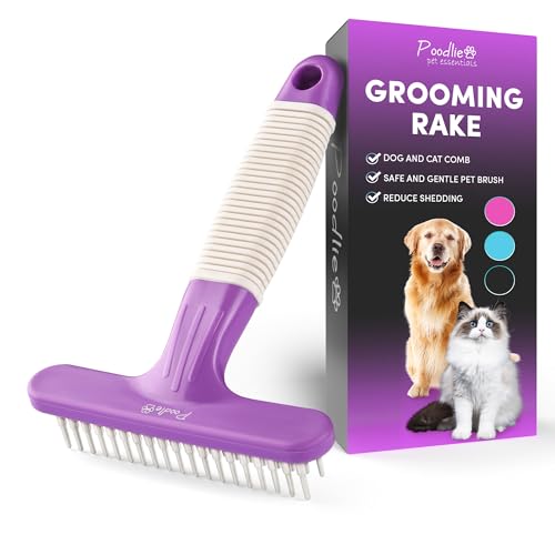 POODLIE Poodle Pet Dog Grooming Rake| Dematting Tool with Stainless Steel Shedding Comb for Pets | 2 Rows of Pins Gently Remove Loose or Tangled Hair from Undercoat | Purple Handle - color: Purple